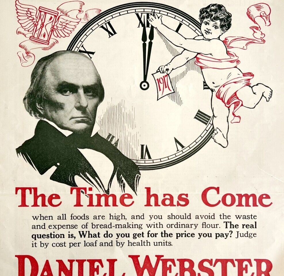 1916 Daniel Webster Flour Cherub Clock Advertisement Baking Ephemera 16 x 11\