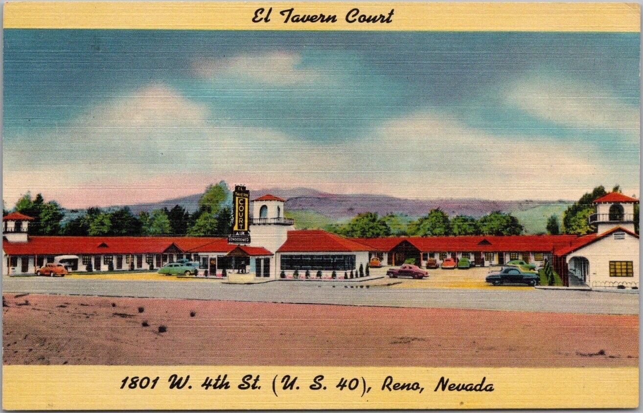 RENO, Nevada Postcard EL TAVERN COURT Motel / Highway 40 Roadside Linen c1950s