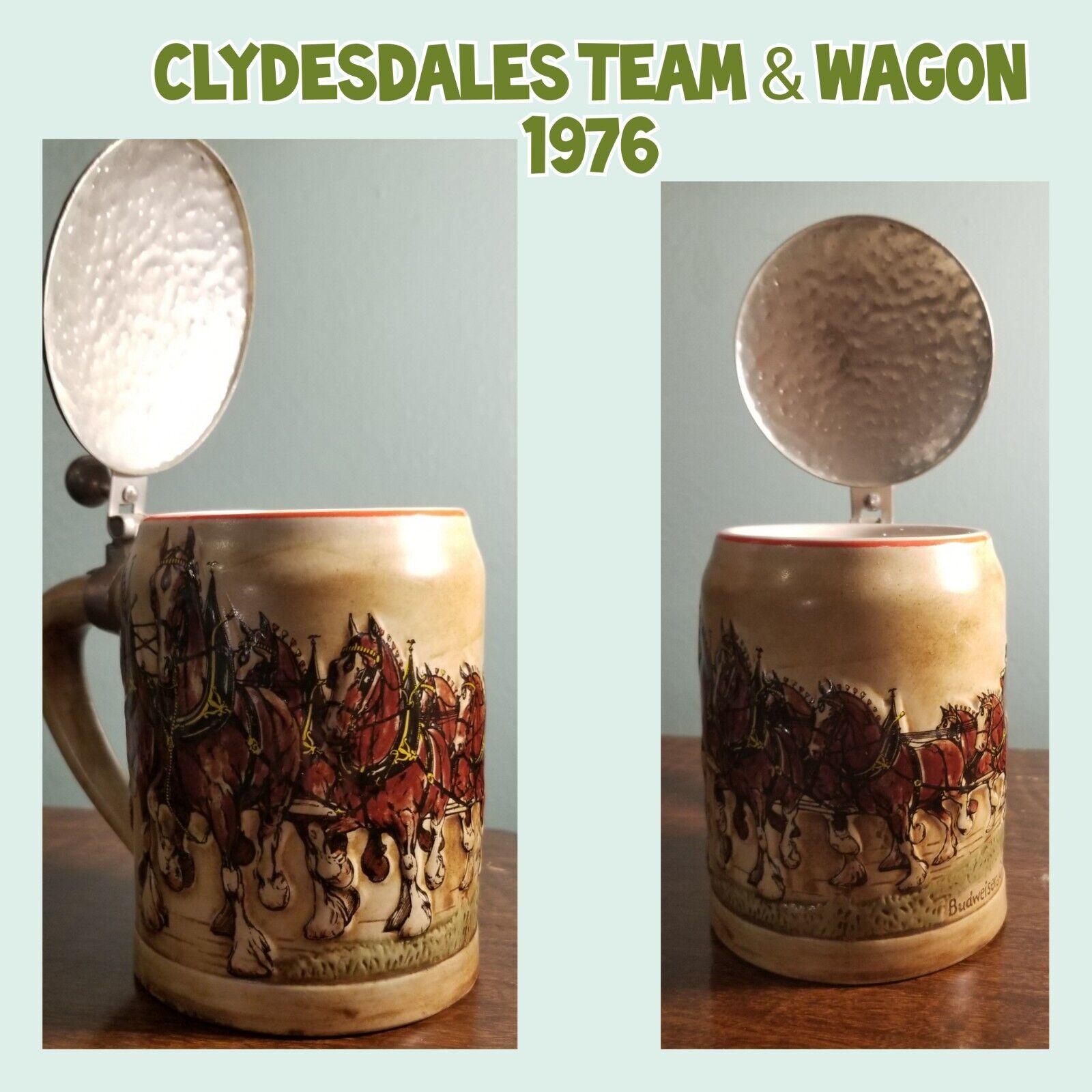 1976 Budweiser Clydesdales Team and Wagon LIDDED Stein CSL9