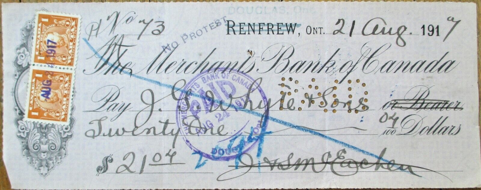 Renfrew, Ontario 1917 \'Merchants Bank of Canada\' Check w/Orange Revenue Stamps
