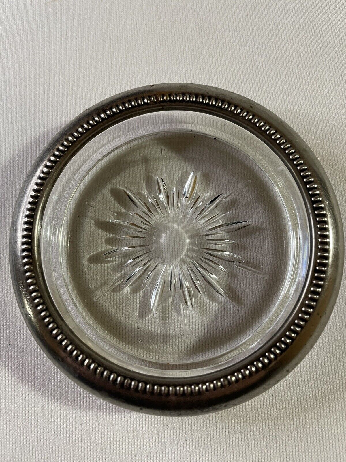 Set of (4) Vintage Leonard Italy Silver Plated Rim Star Cut Glass Coasters