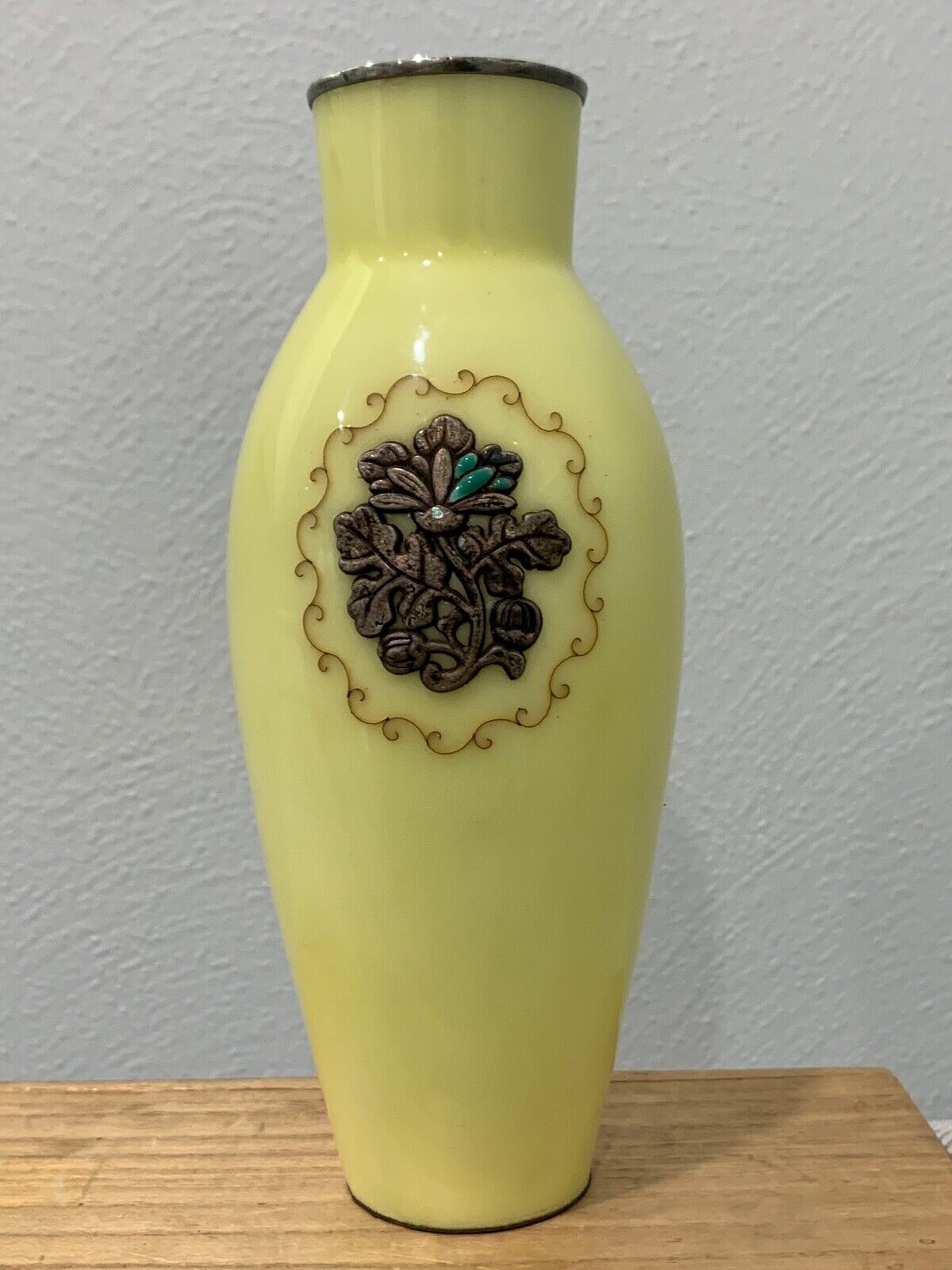 Vintage Possibly Antique Japanese Signed Ando Cloisonne Yellow Vase Applied Dec.