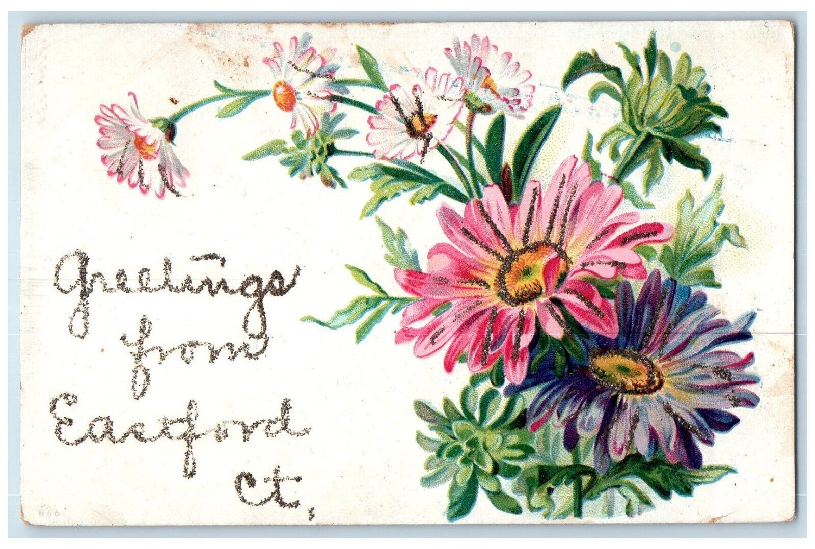 1906 Greetings From Eastford Connecticut Embossed Flower Leaves Glitter Postcard