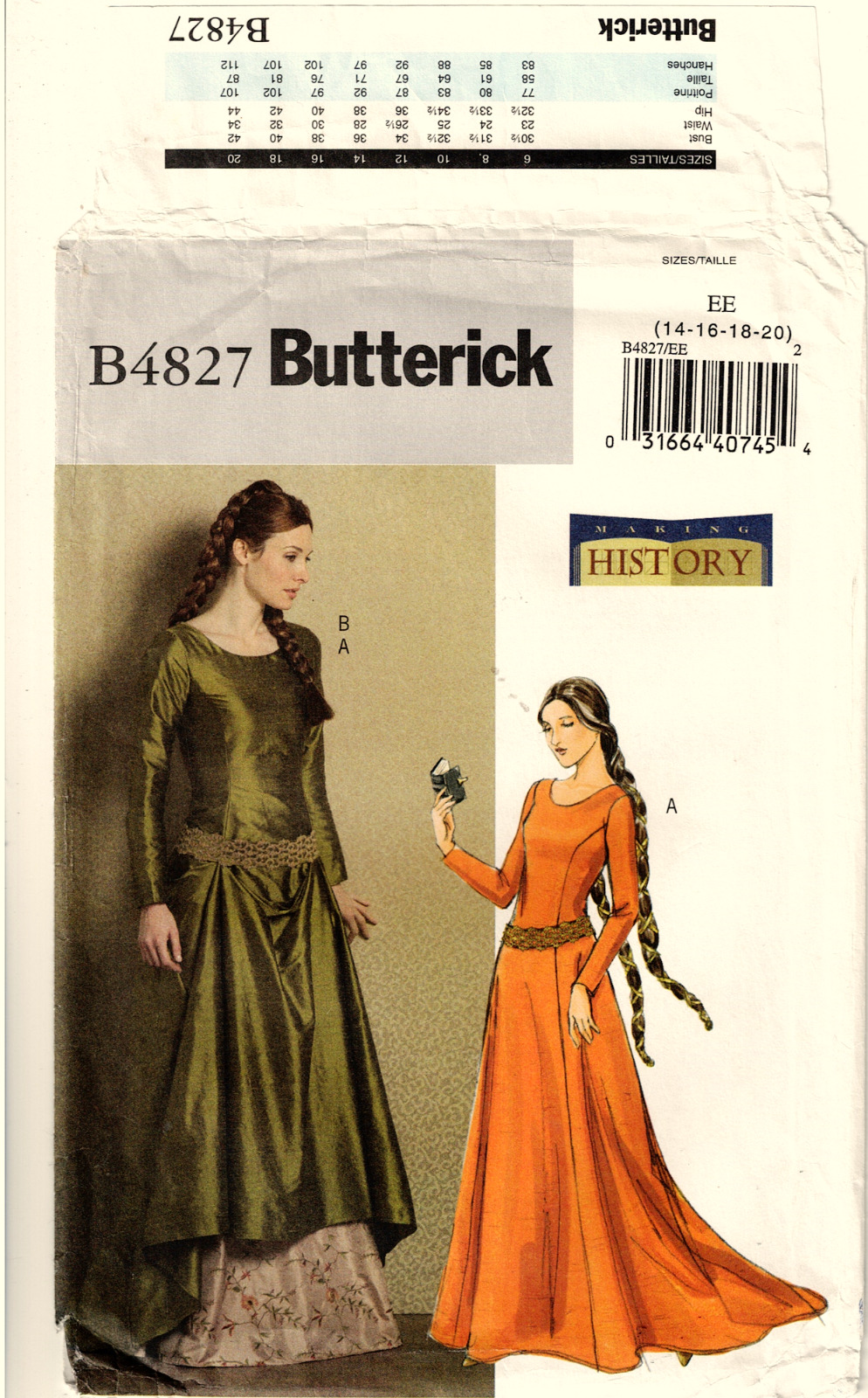 Butterick Medieval History Costume Floor-length Dress sewing Pattern 14 16 18 20