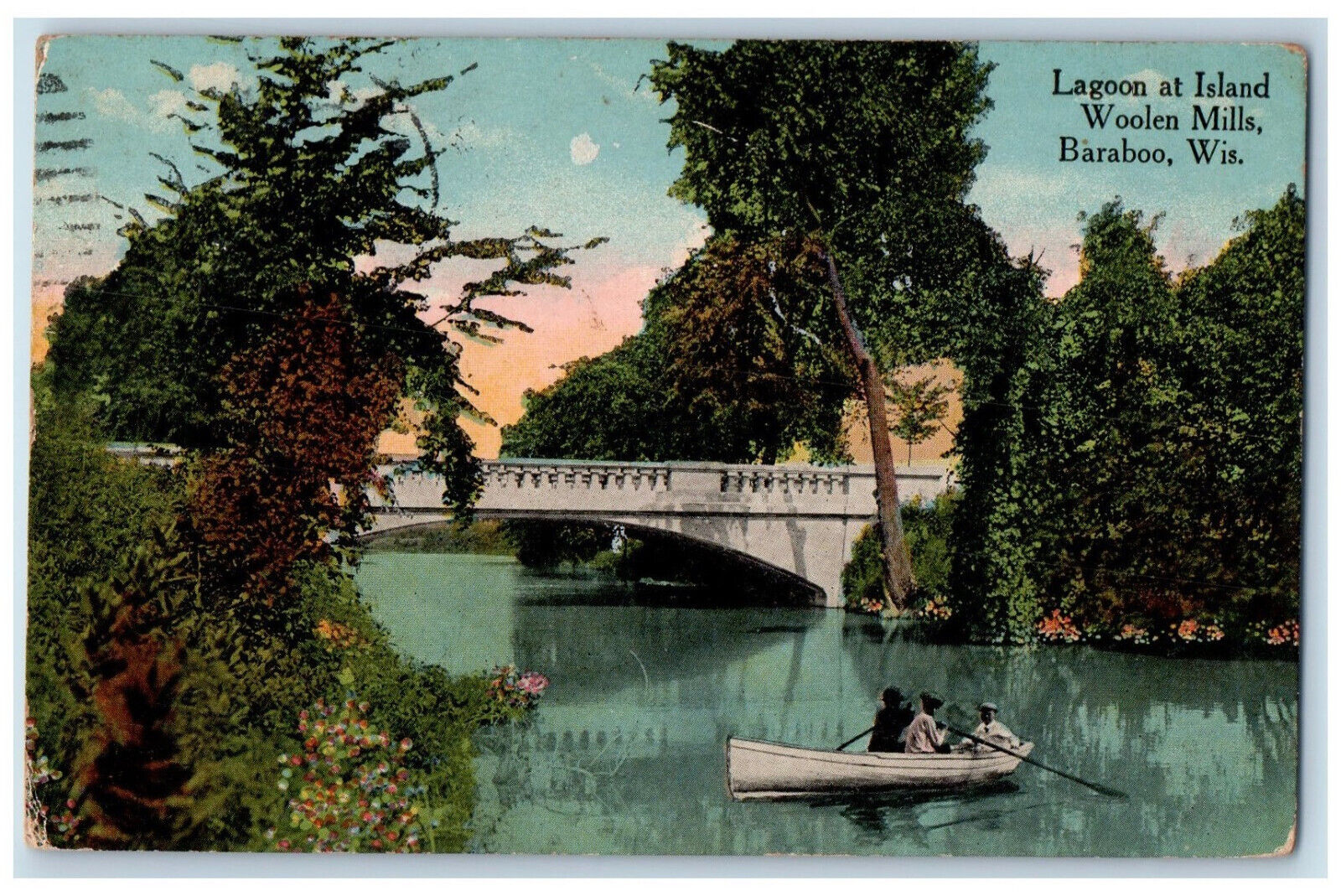 1918 Boat Rowing at Lagoon at Island Woolen Mills Baraboo Wisconsin WI Postcard