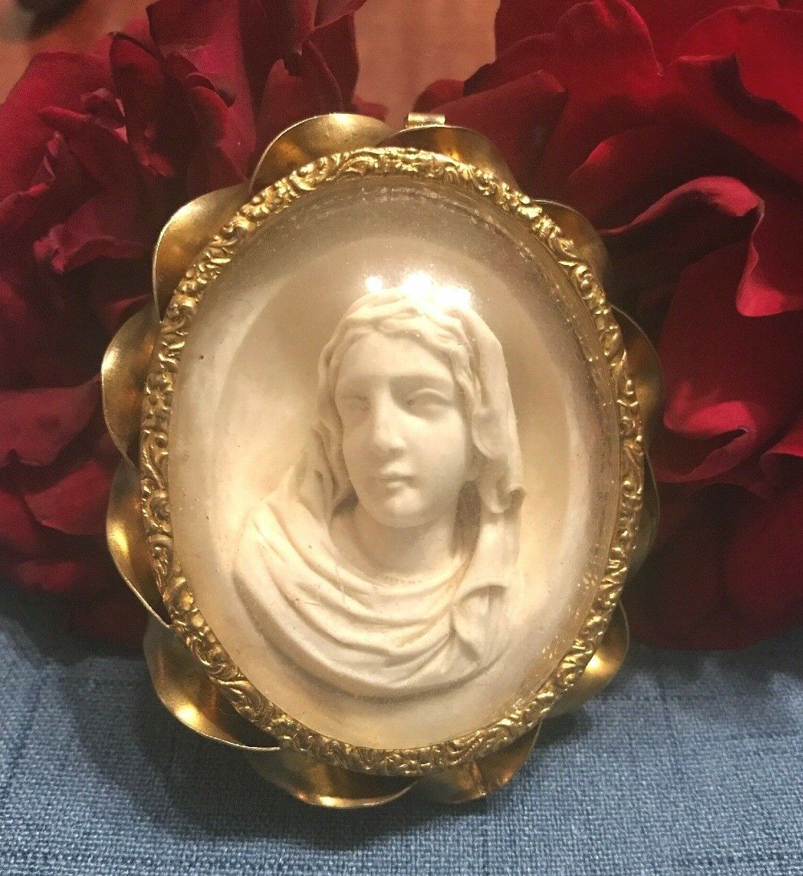 A Rare Antique VIRGIN MARY CARVING IN GILDED METAL FRAME RARE Large 1861