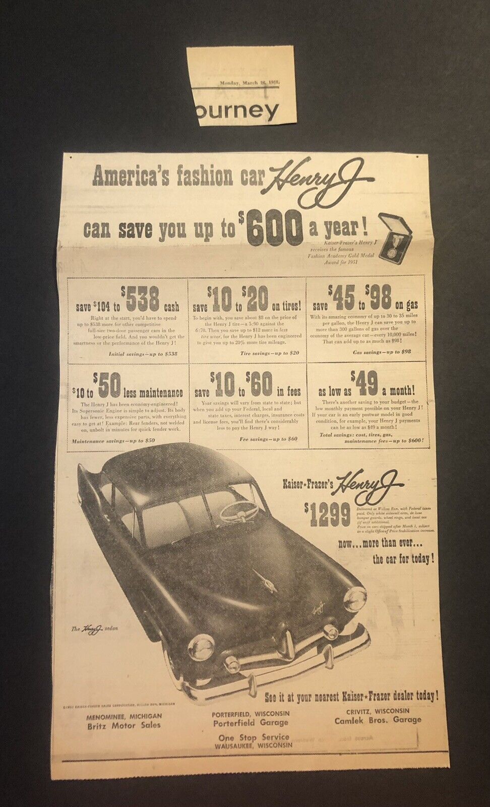 1950’s Henry J Kaiser-Frazer Car Automobile Magazine Print Ad