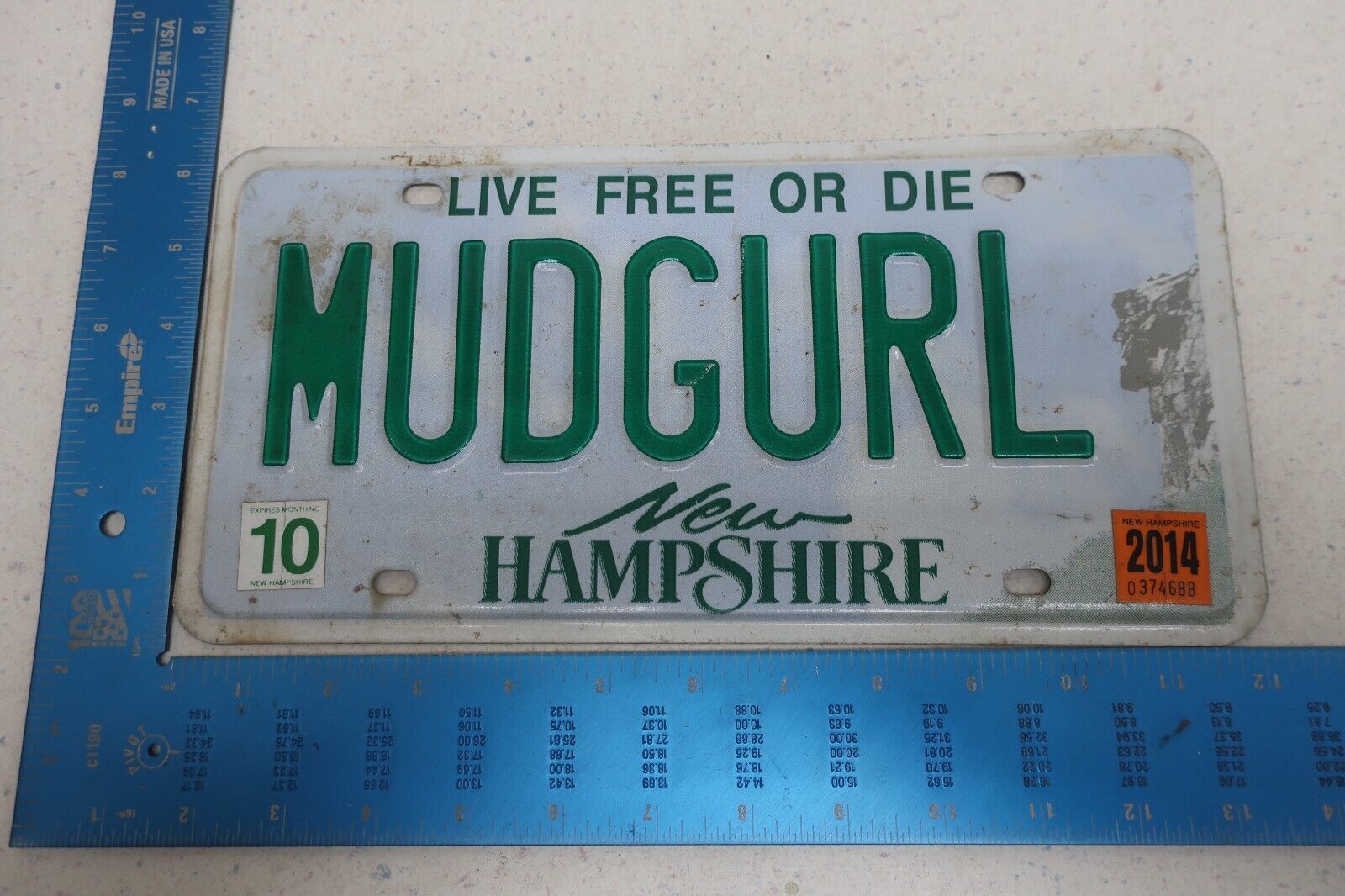 New Hampshire License Plate Tag Vanity 2014 Natural Sticker Mud Girl MUDGURL