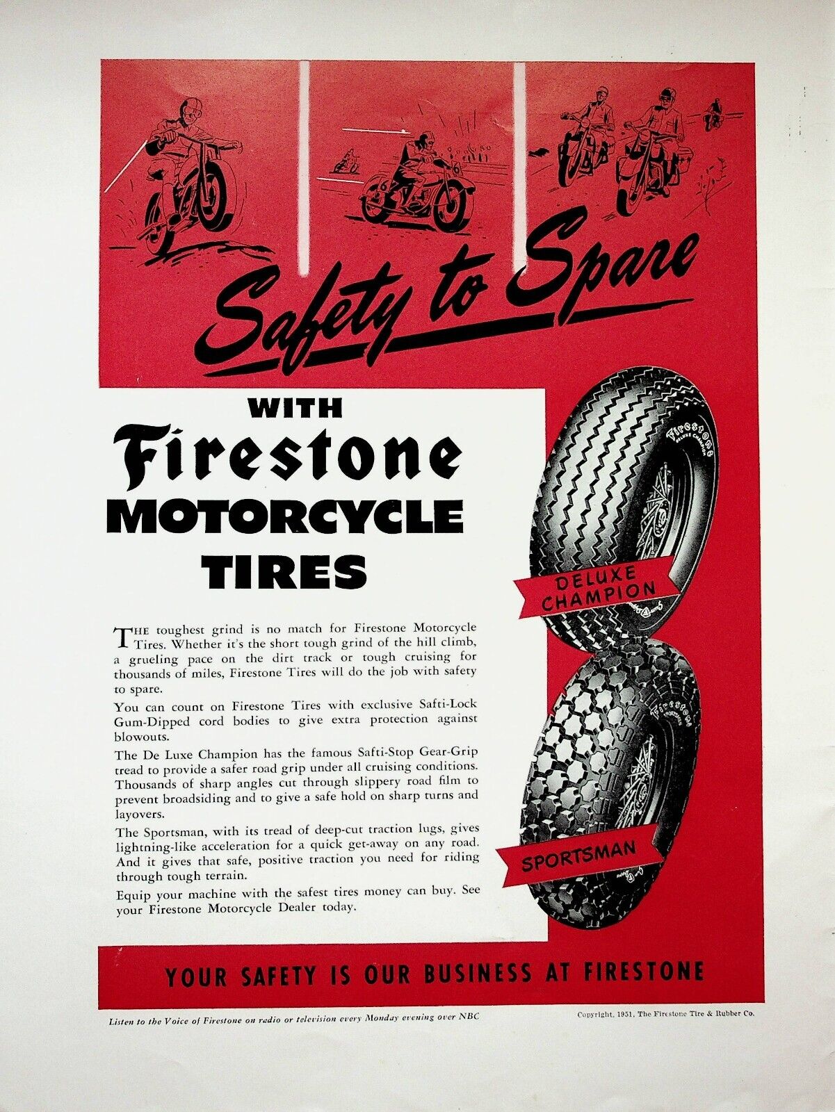 1951 Firestone Motorcycle Tires - Vintage Advertisement