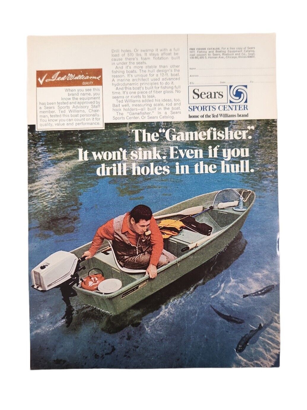 1971 SEARS GAMEFISHER FISHING BOAT  PRINT AD Shop Cabin Outdoors Art Full Color