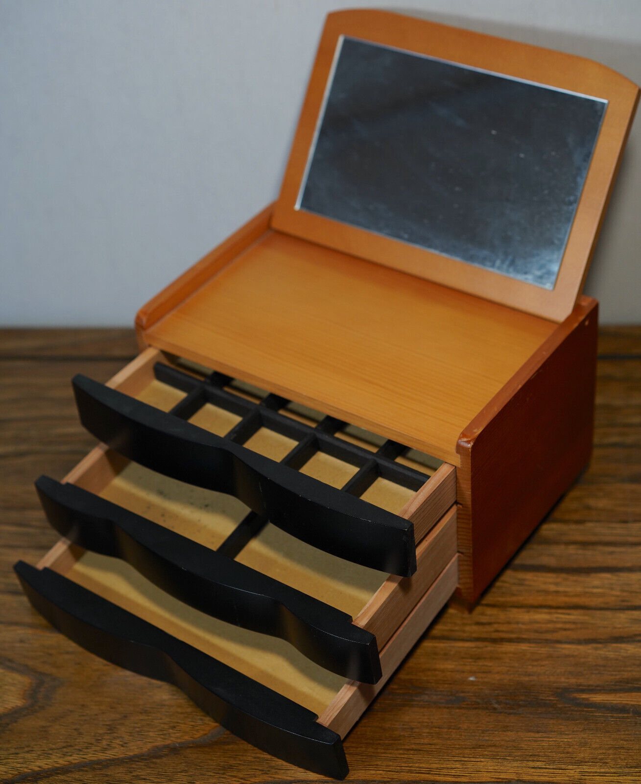 Vintage Wooden Jewellery Box Mid Century Modern Chest Drawers Replica w/ Mirror