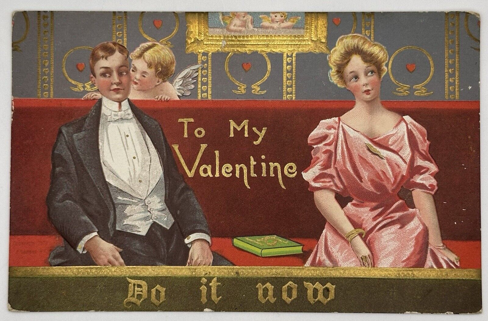 1907-1915 To My Valentine Postcard Do It Now Cupid Whispers In Mans Ear