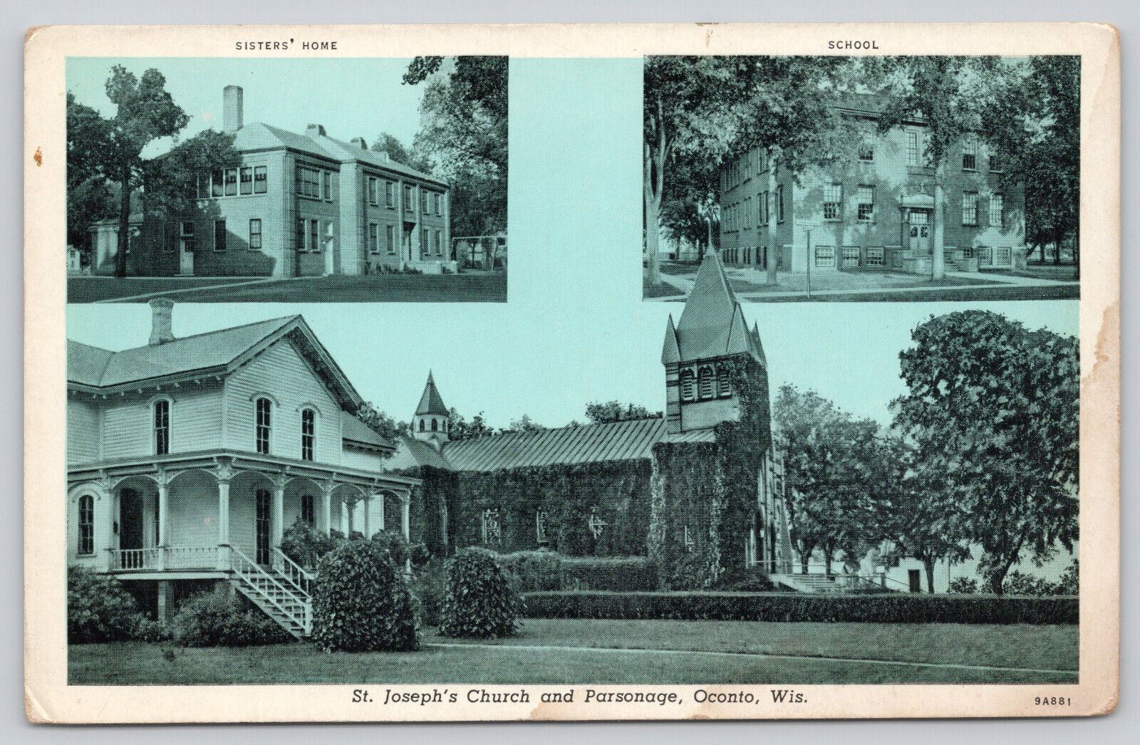 Postcard St Josephs Church & Parsonage~Sisters Home~School~1930\'s B&W Vtg (224)
