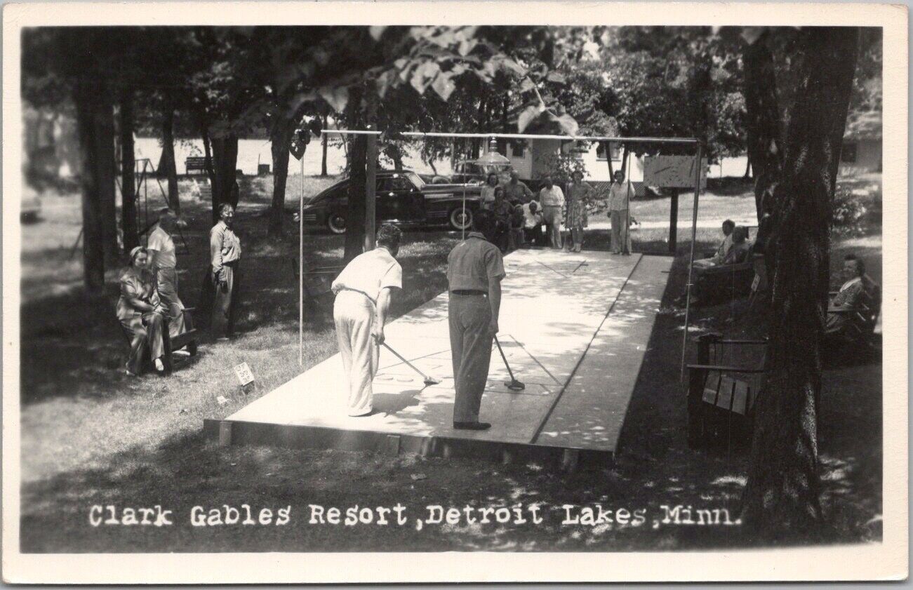 Vintage DETROIT LAKES, Minnesota RPPC Photo Postcard Shuffleboard Scene c1950s