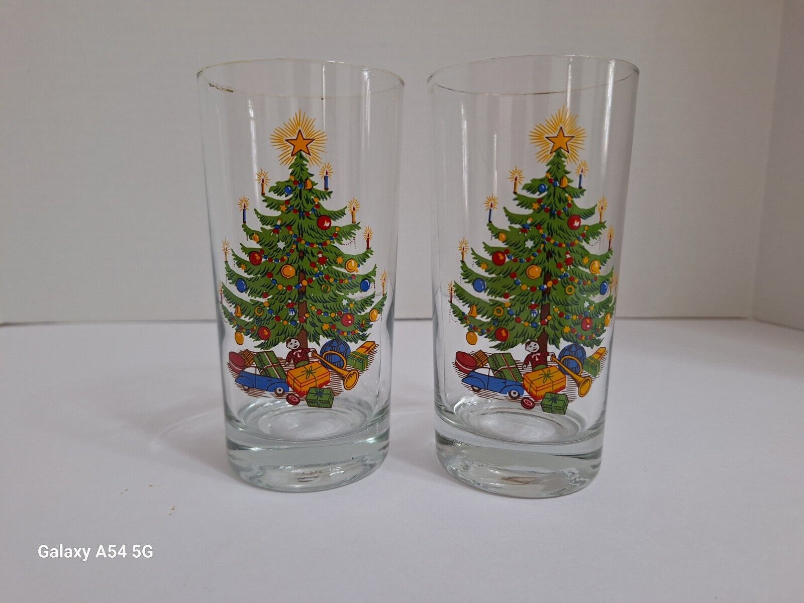 Vintage Christmas Tree Highball Glasses 12 Oz Retro Presents Decal \