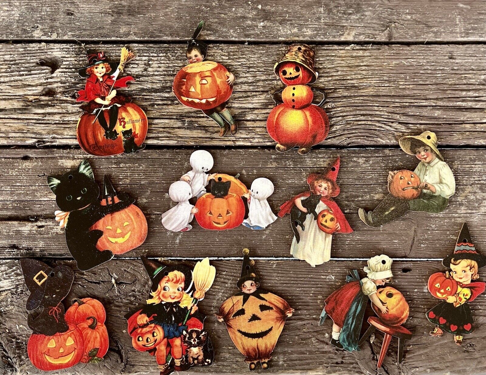 Halloween “vintage Style” Wooden Ornaments Set Of 12 NICE
