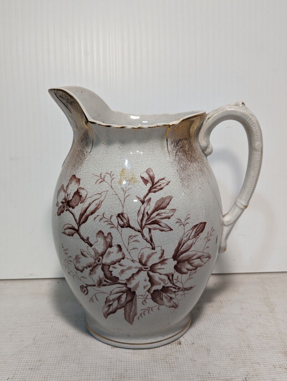 Fremont antique ceramic pitcher, White With Floral/Leaves Design