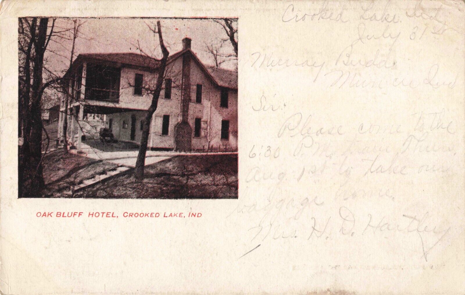 Oak Bluff Hotel Crooked Lake Indiana IN PM Angola 1907 Postcard
