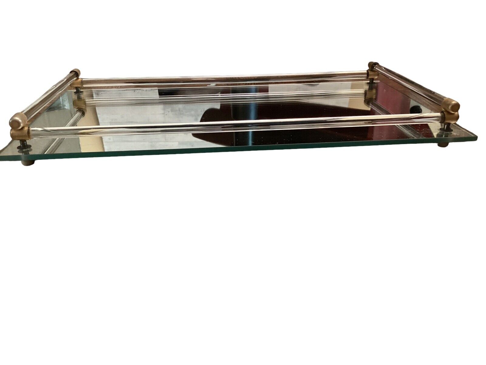 Vintage 1960S Mcm Mirror Vanity Tray Glass/Lucite Bars Tubes Brass Ends