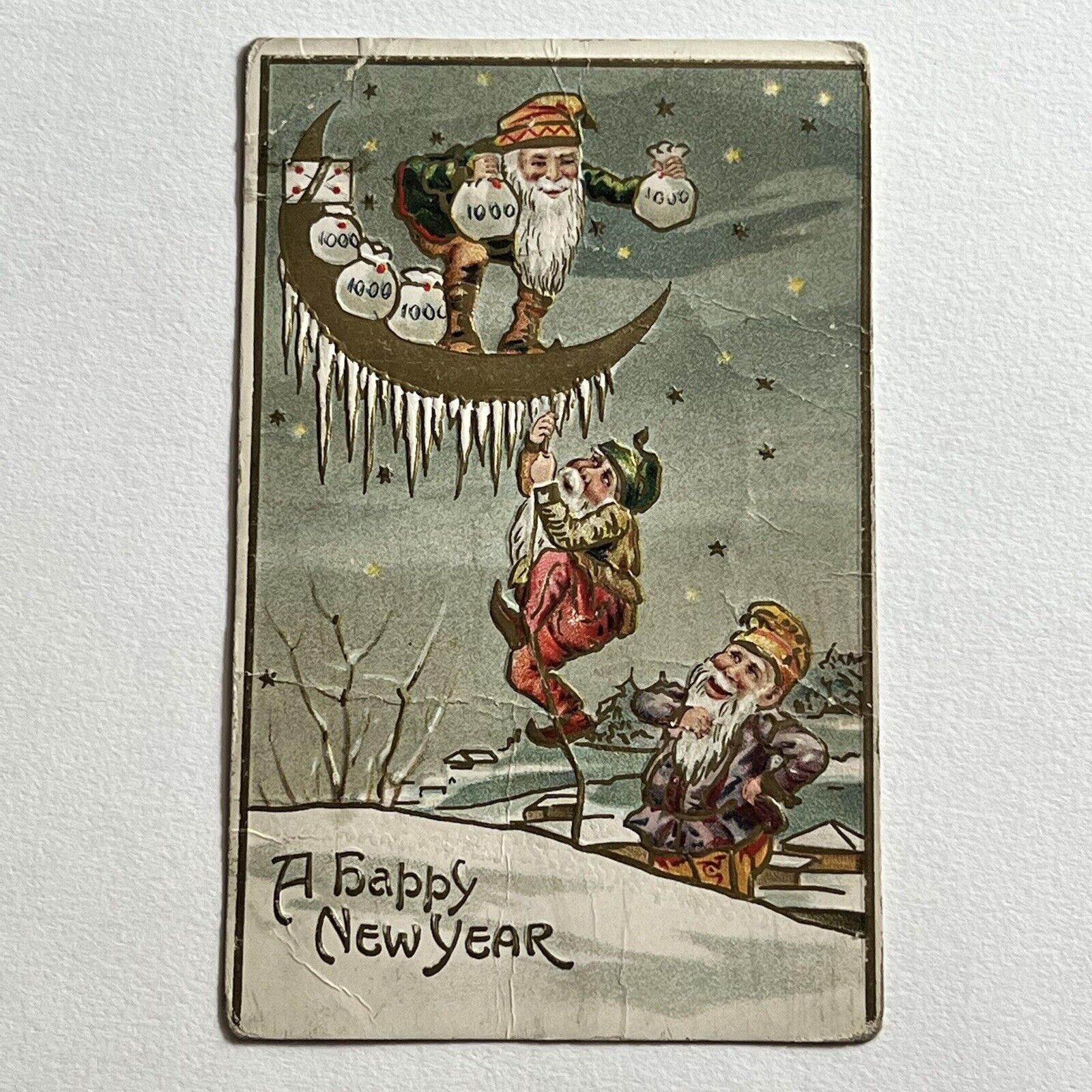 Antique Embossed Postcard Adorable Happy New Years Gnome Elves Climbing Moon