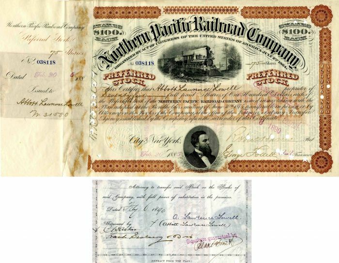 Northern Pacific Railroad Co. Issued to and Signed by Abbott Lawrence Lowell - S