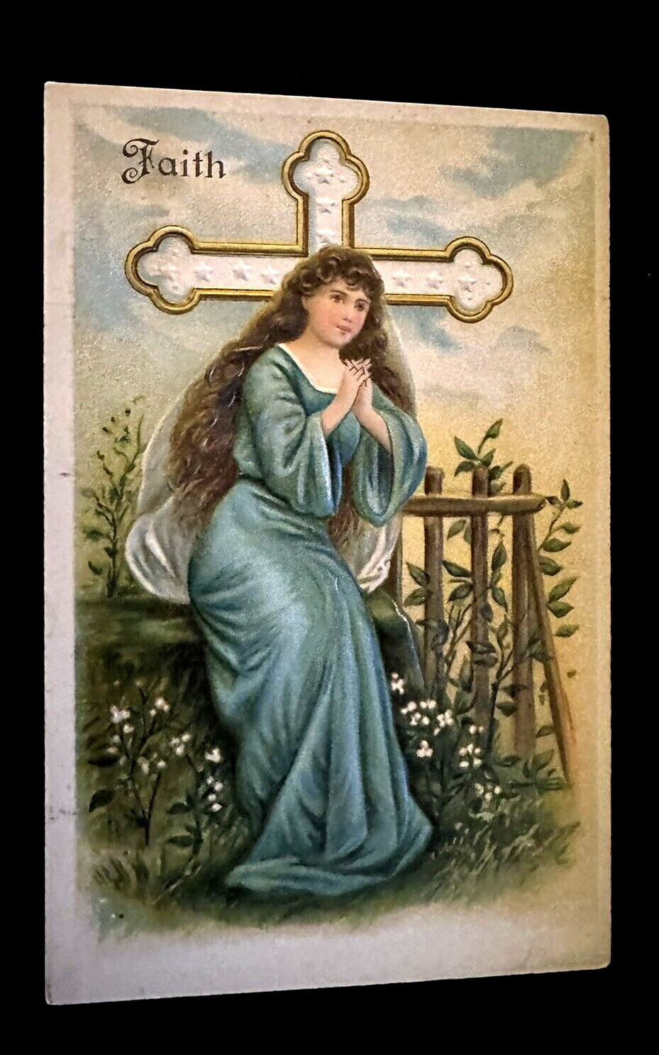 Faith Angel with Cross~Flowers~Antique Embossed Greeting Postcard~k674