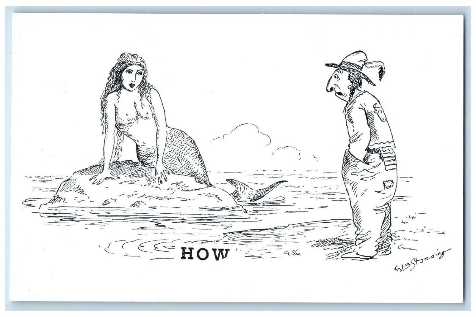 WM Standing Signed Postcard Mermaid From An Original Etching Unposted Vintage