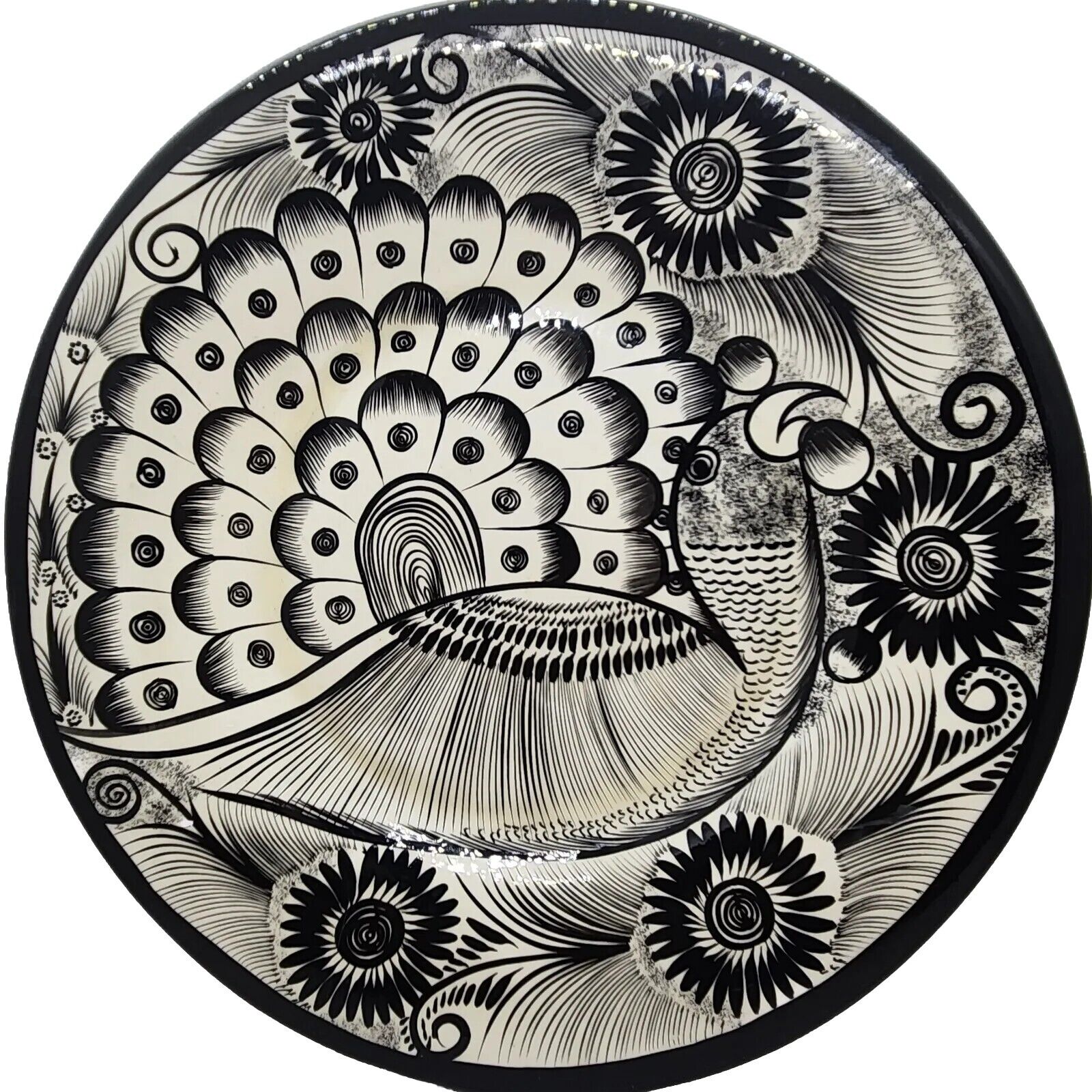 Vintage Handpainted Peacock Decorative Plate Black And White