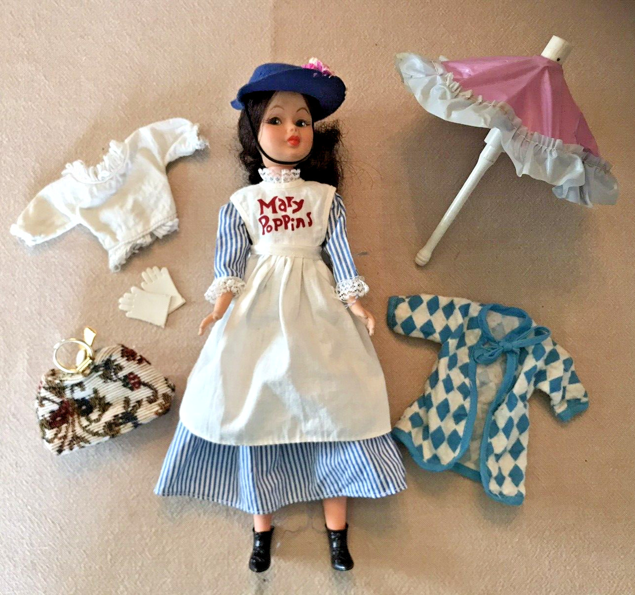 Vintage Horsman Mary Poppins Doll, Outfit, Hat, Carpet Bag, Umbrella, Gloves+