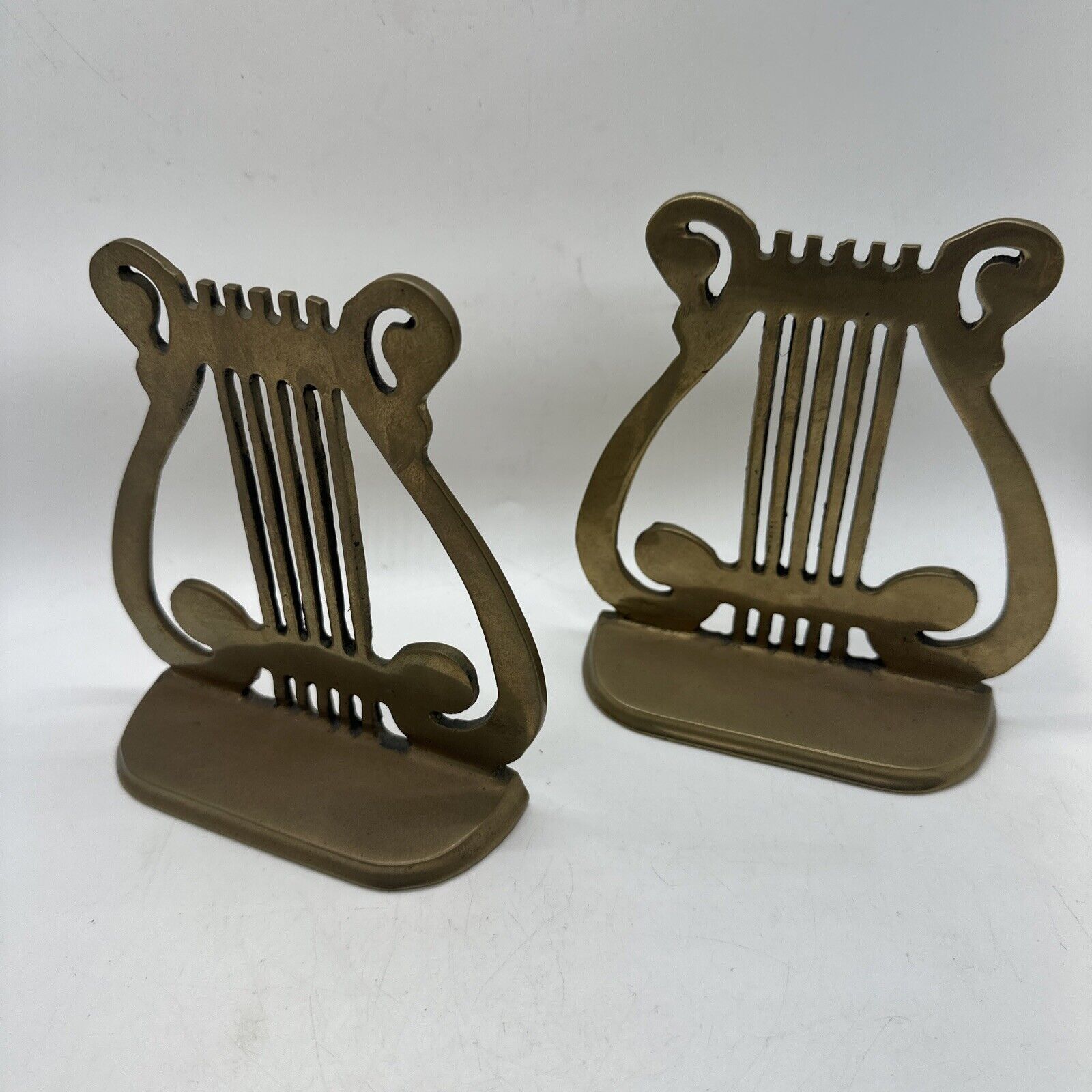 Vintage Harp Solid Brass Book Ends Musical Symbol Pair Staff Stand Bookends Mcm