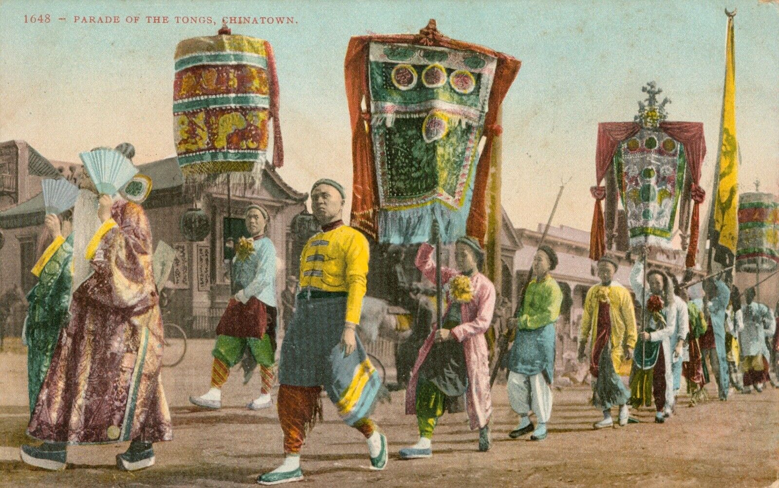 Postcard Antique 1909 PARADE OF THE TONGS, Chinatown Colorful Stamped Stamp 