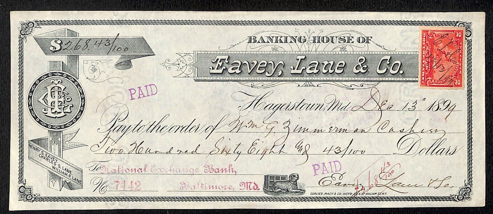 Banking House of Eavey, Lane & Co. Hagerstown, MD 1899 Bank Check w/ Tax Stamp