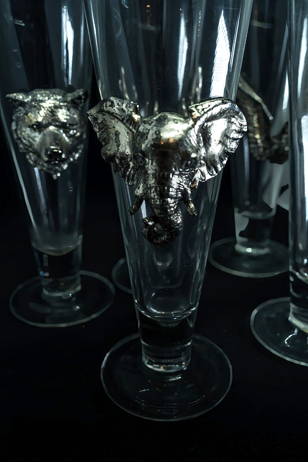 Set of five Vintage Arthur Court large pilsner glasses with bear, steer and lion