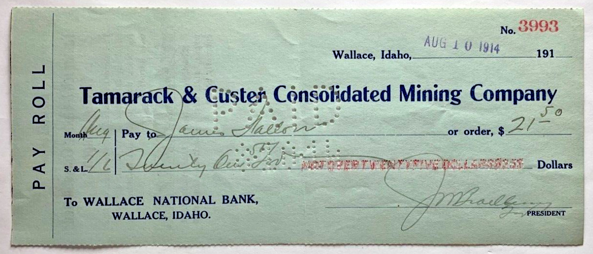Tamarack And Custer Consolidated Mining Company 1914 Cashed Check Wallace Idaho
