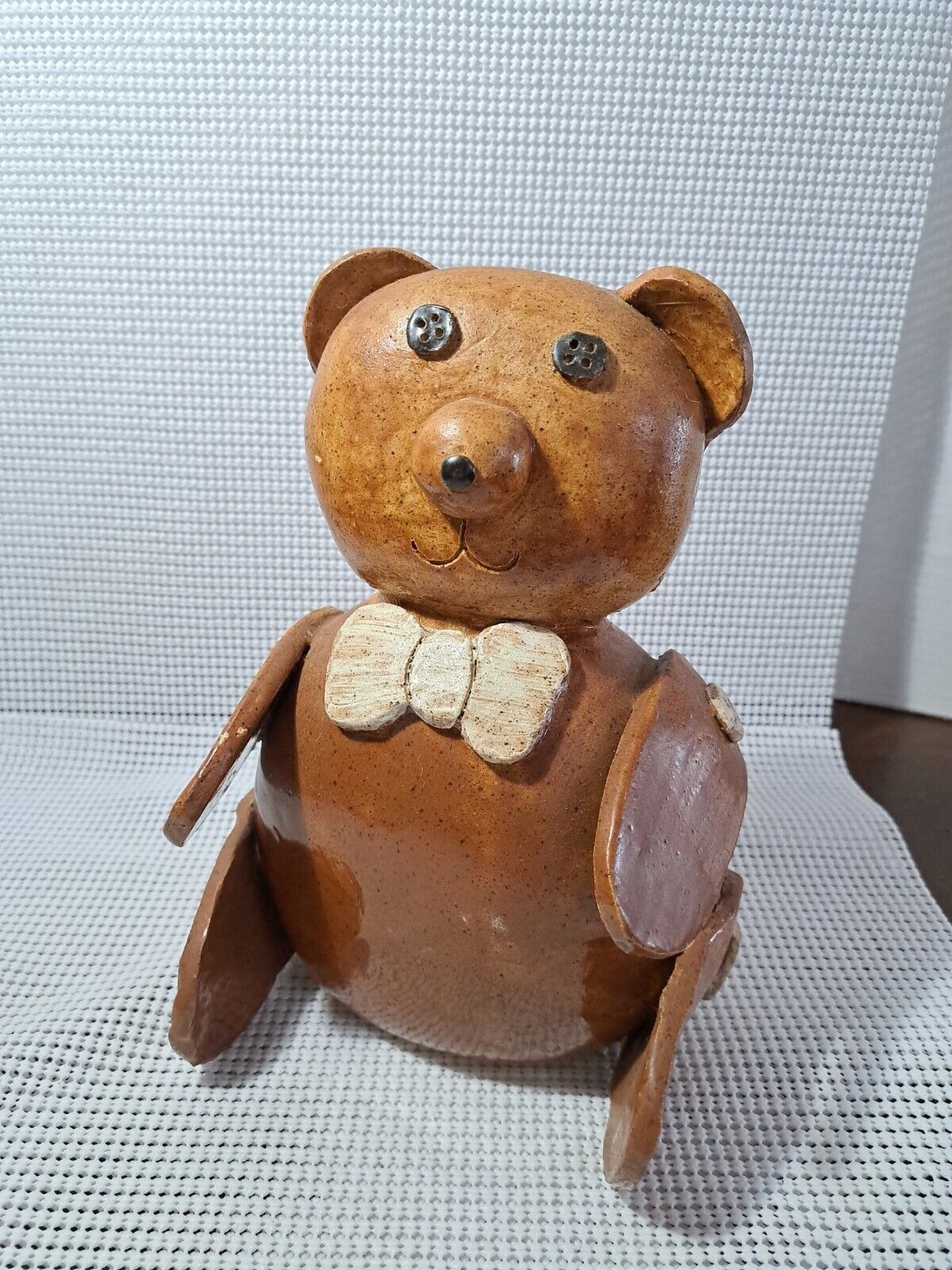 Vintage Handmade Ceramic Bear With Bow Tie & Button Eyes Figurine Hand Painted