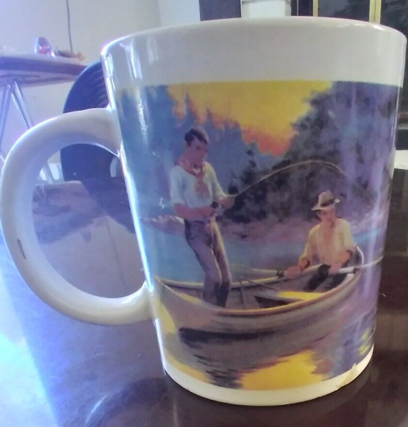 fishing coffee mug, 2 Fishing Scenes, novelty, rare coffee mugs, Vintage mugs