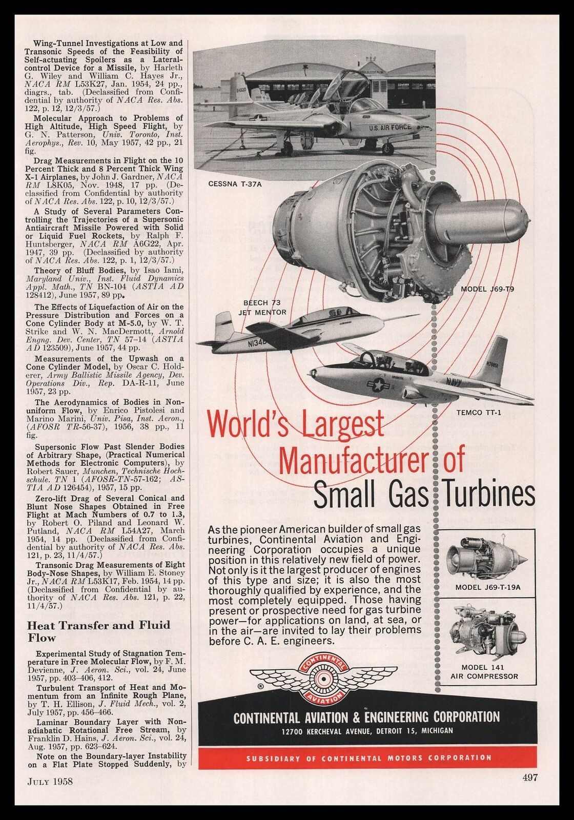 1958 Continental Aviation Temco Beech Cessna Photos Gas Turbine Engines Print Ad