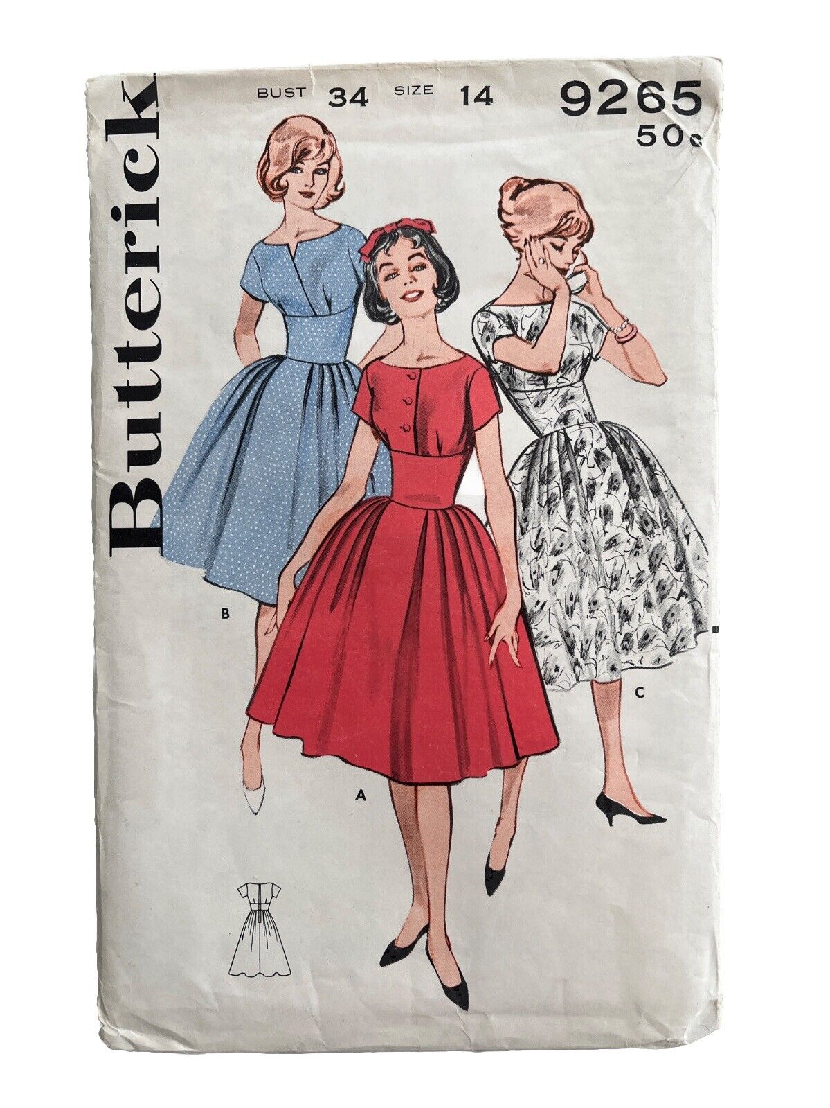 Butterick 9265 Curved Midriff Dress Full Skirt Bateau Neck Size 14 Bust 34 UNCUT
