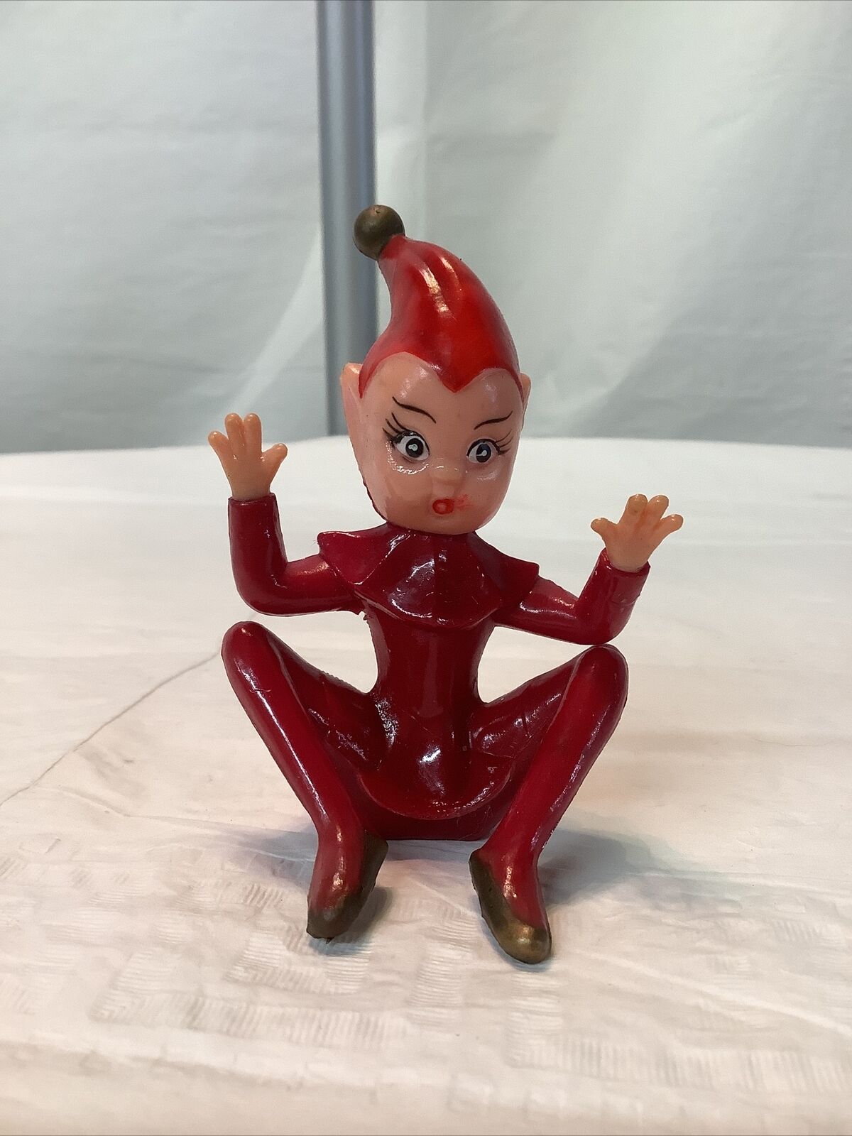 Vintage Christmas 1950’s Rubber Elf Pixie Red Sitting Jazz Hands Surprised