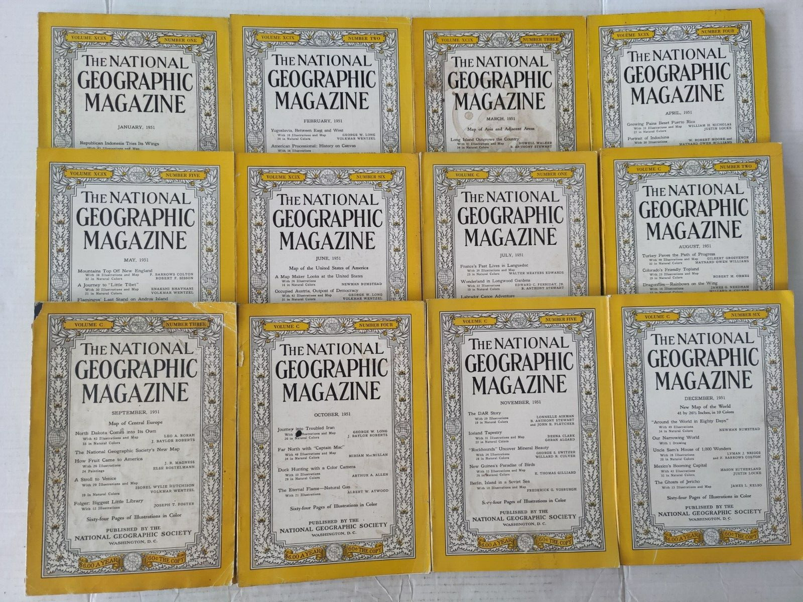 1951 Full Year of National Geographic Magazine Lot Of 12