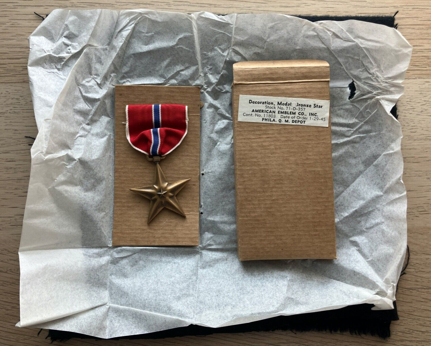 WWII Bronze Star Medal in original 1945 box and packaging. United States