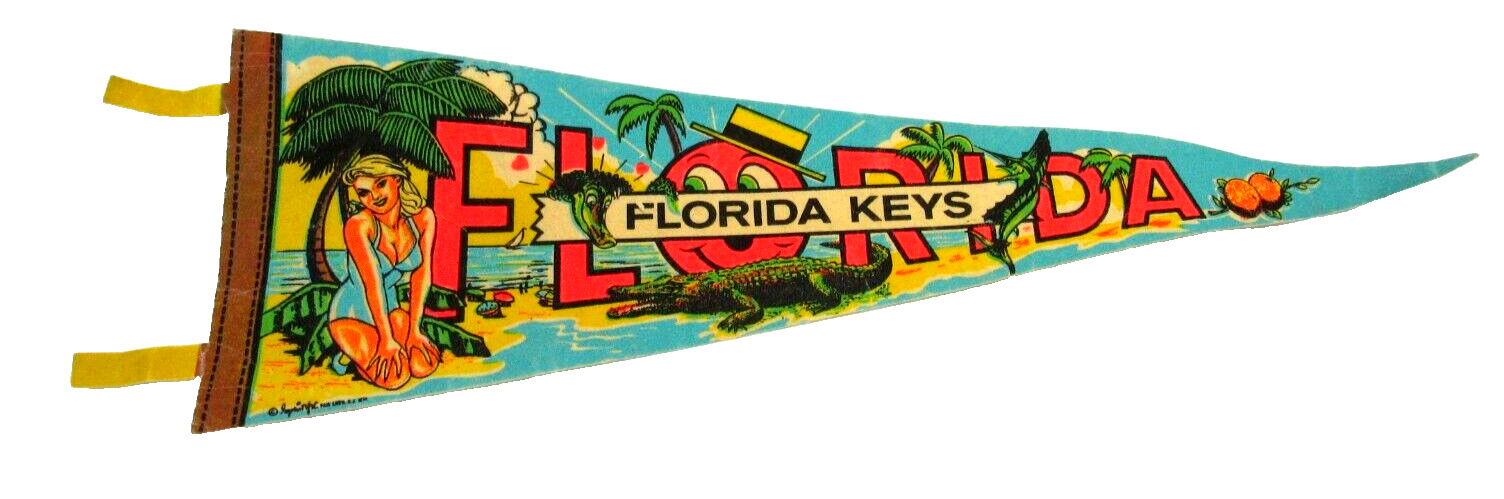 🌴  Rare Souvenir Pennant FLORIDA Keys Bathing Beauty Alligator Wall Hanger