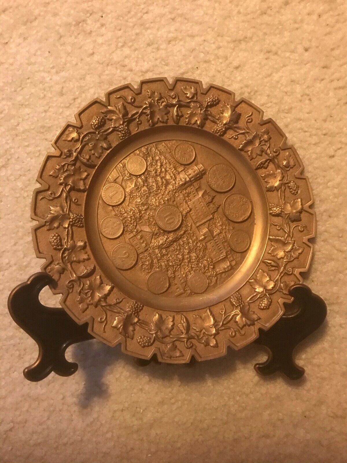 Vintage German Solid brass alms collecting dish dec. w/.grape vines Old Coins