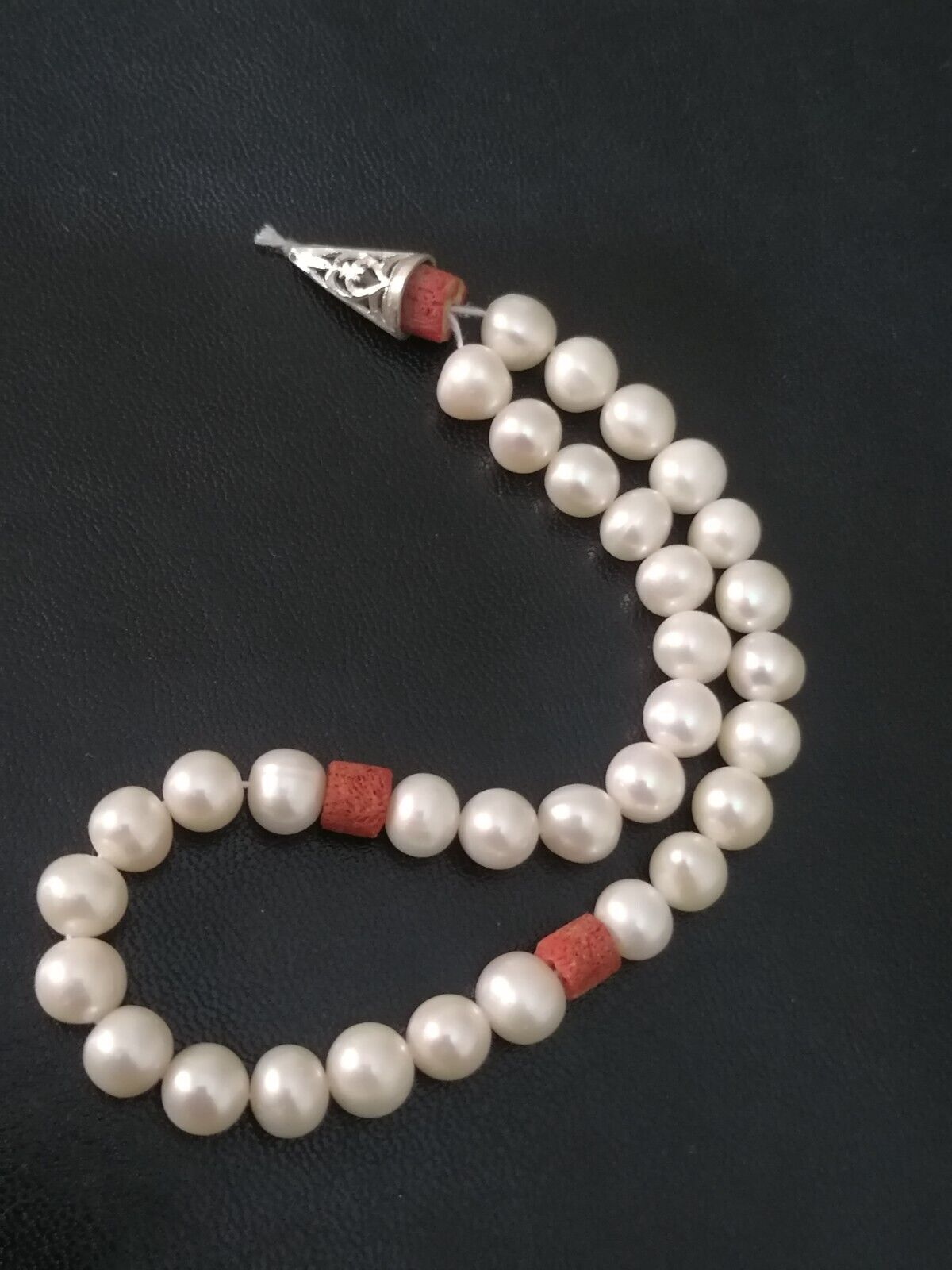 Stunning Handmade 33 Prayer Pearl Beads & Natural Coral Openwork Solid Silver