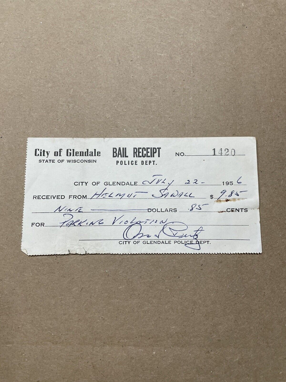 Vintage Bail Receipt 1956 City of Glendale Wisconsin Parking Violation