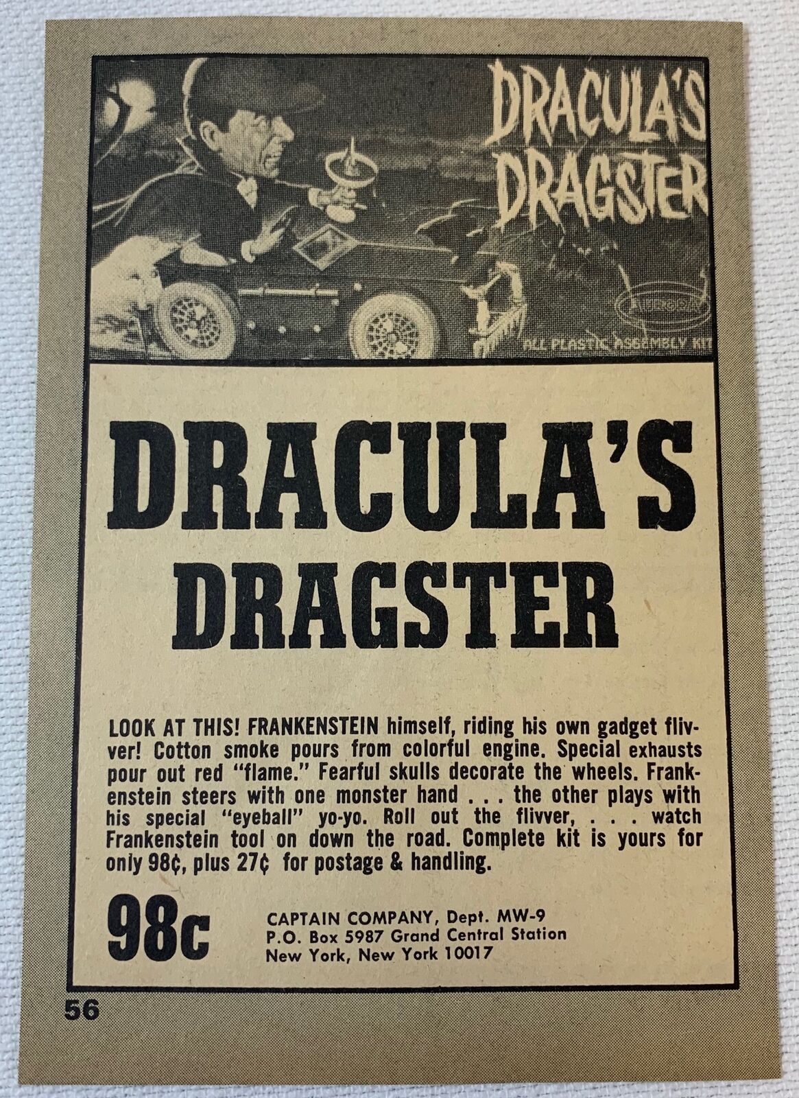 1966 Aurora model newsprint ad ~ DRACULA\'S DRAGSTER