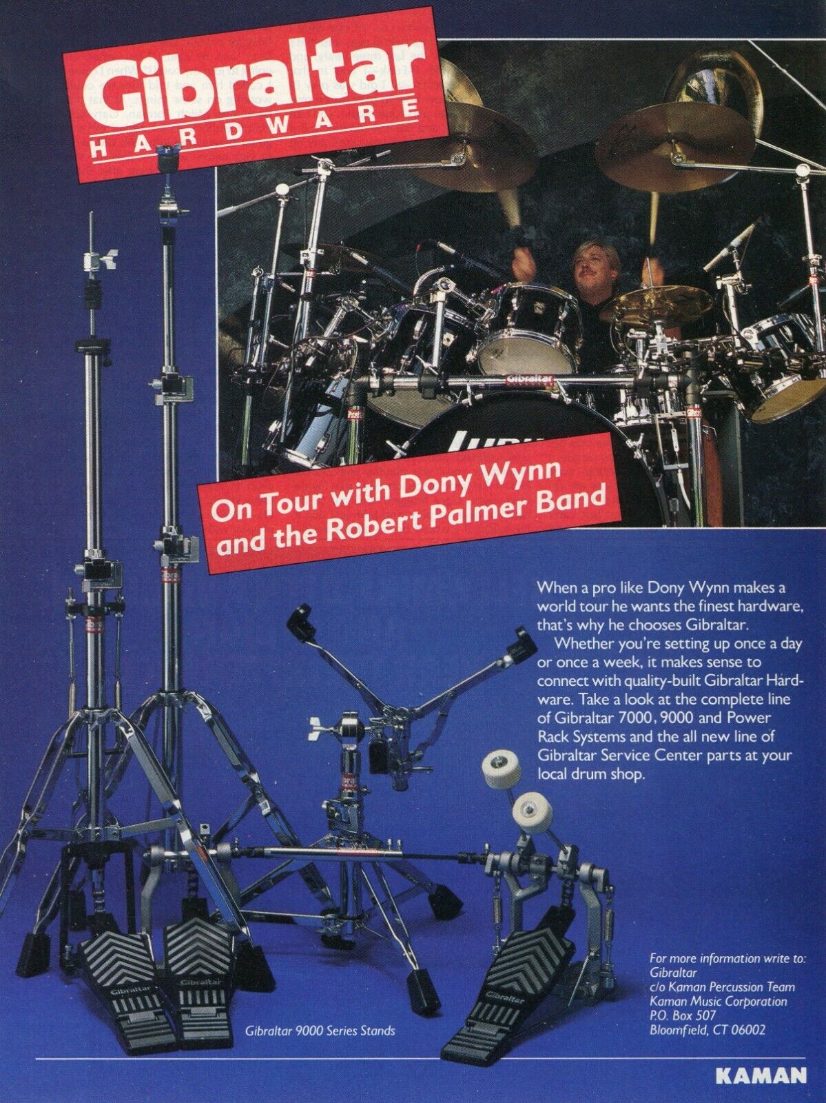 1989 Print Ad Gibraltar Drum Hardware & Rack System w Dony Wynn of Robert Palmer