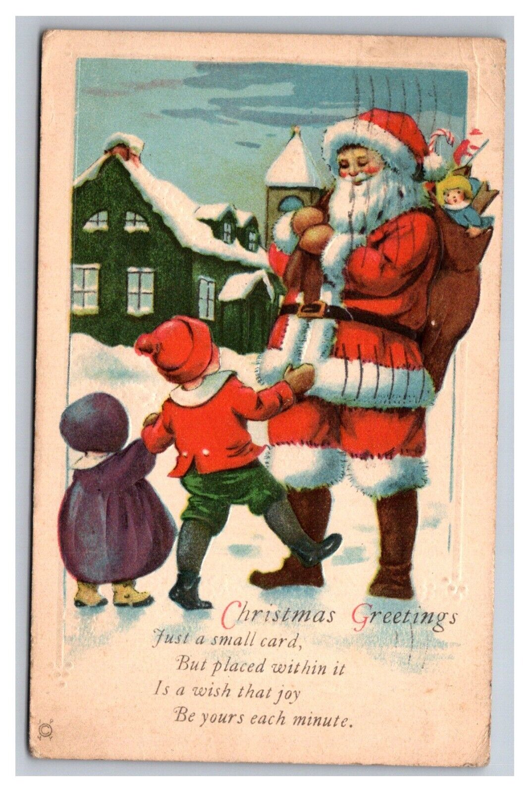 Postcard Christmas Santa Claus Red Coat Gifts and Children Snowy