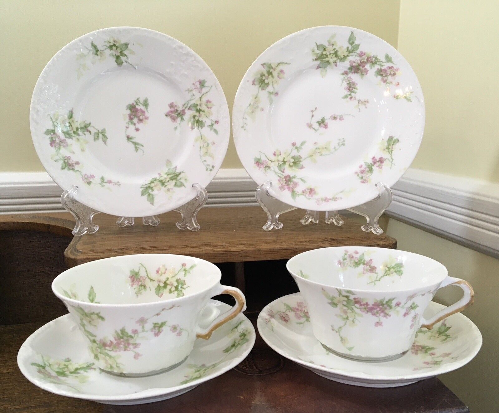2 Antique Trios c.1904 Haviland Limoges Teacups & Saucers & Plates Pink Floral
