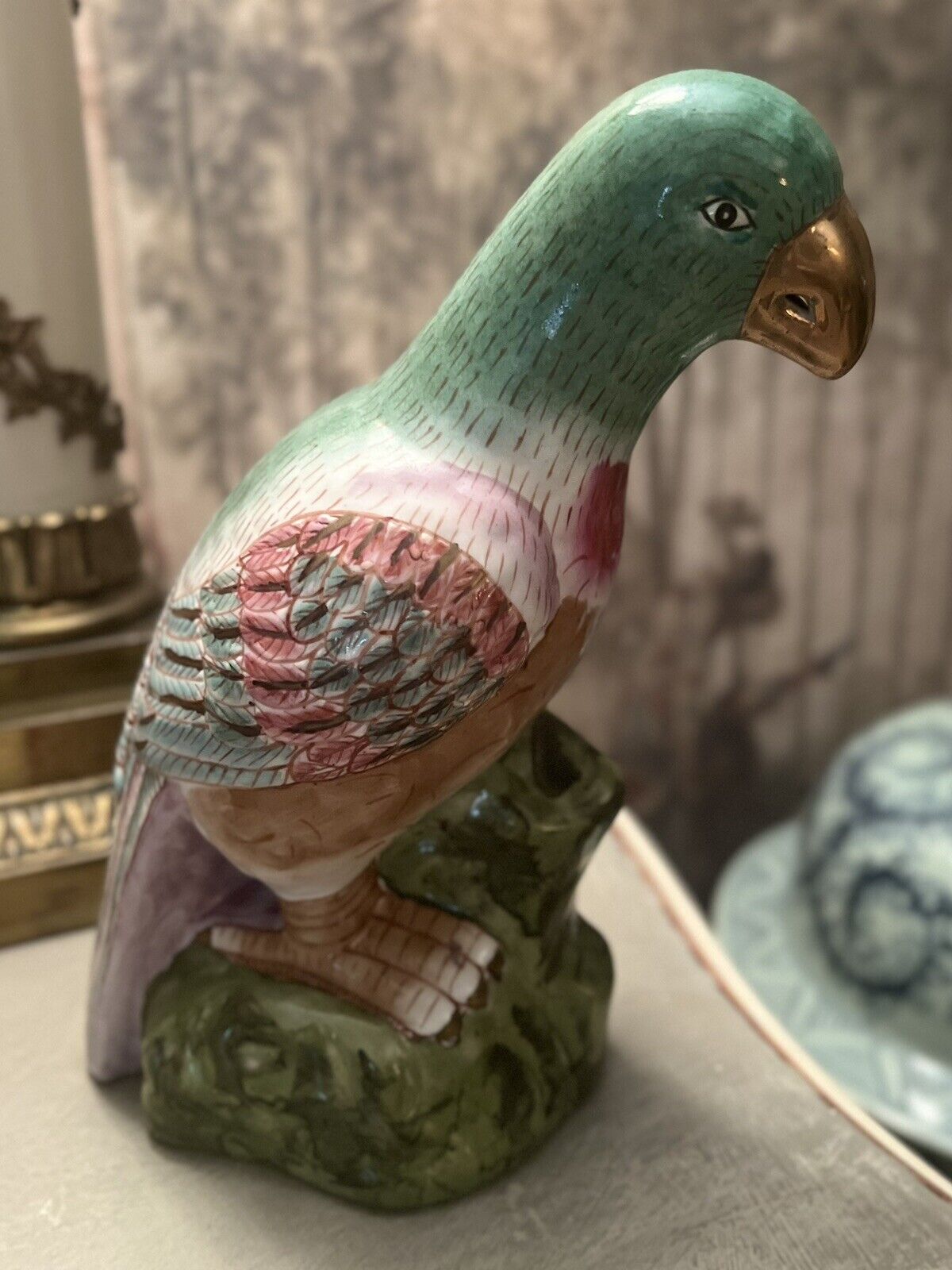 Vintage Chinoserie Parrot Pink & Green 1980’s Andrea By Sadek